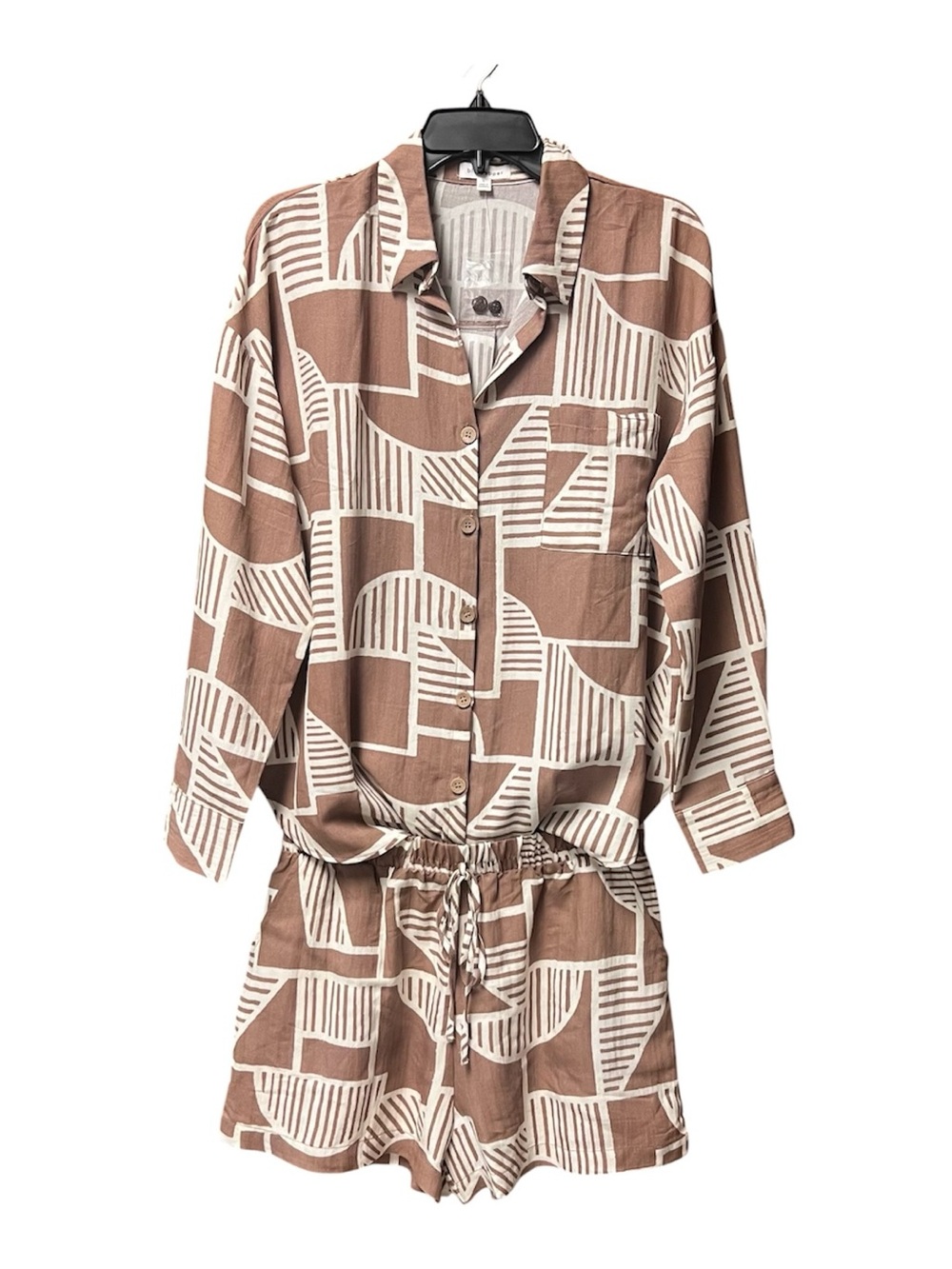 NWT Blu Pepper Brown/Cream Geometric Shorts Set Outfit Pockets Soft Relaxed Sz L